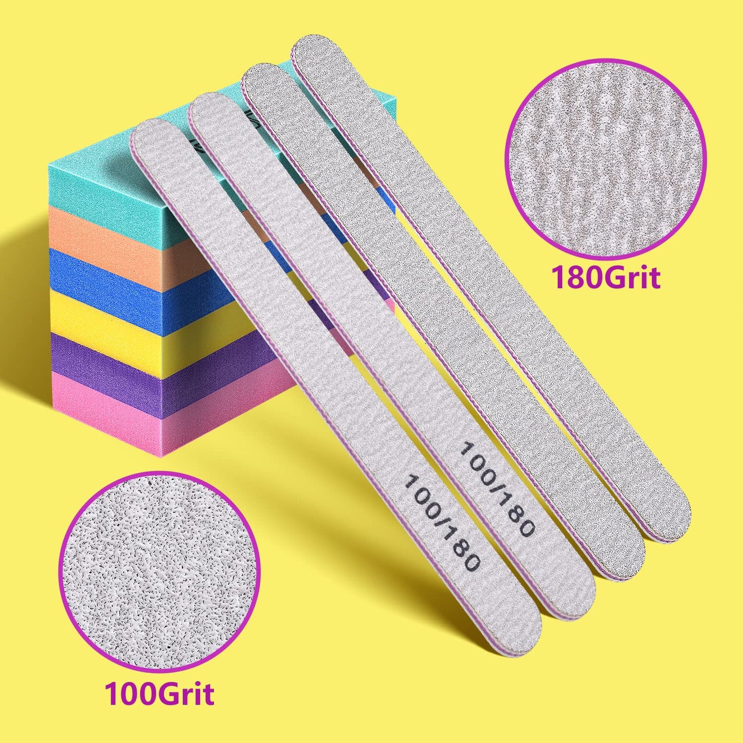 Nail Files and Buffers Set with 6PCS Rectangular Buffers and 6PCS White 100 180 Grit Files, Professional Nail Care Tools Kit for Women and Girls