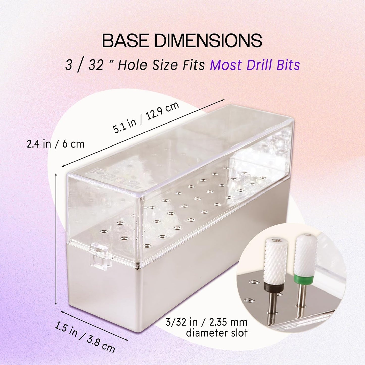 PANA Rectangle Nail Drill Bit Holder Display Organizer Case - Dustproof Carbide Bit Storage Container Box For Manicure Tools Nail Salon - 30 Holes Silver (Drill Bits Not Included)