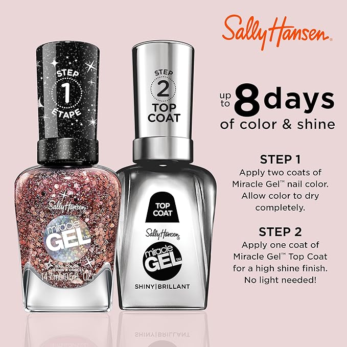 Sally Hansen Miracle Gel Salon Quality Nail Polish | Gel-Like Formula, Two-Step System, No UV Light Needed, Long Lasting | Semi-Opaque, Shimmer | 909 All is Bright | White with Pink Shimmer