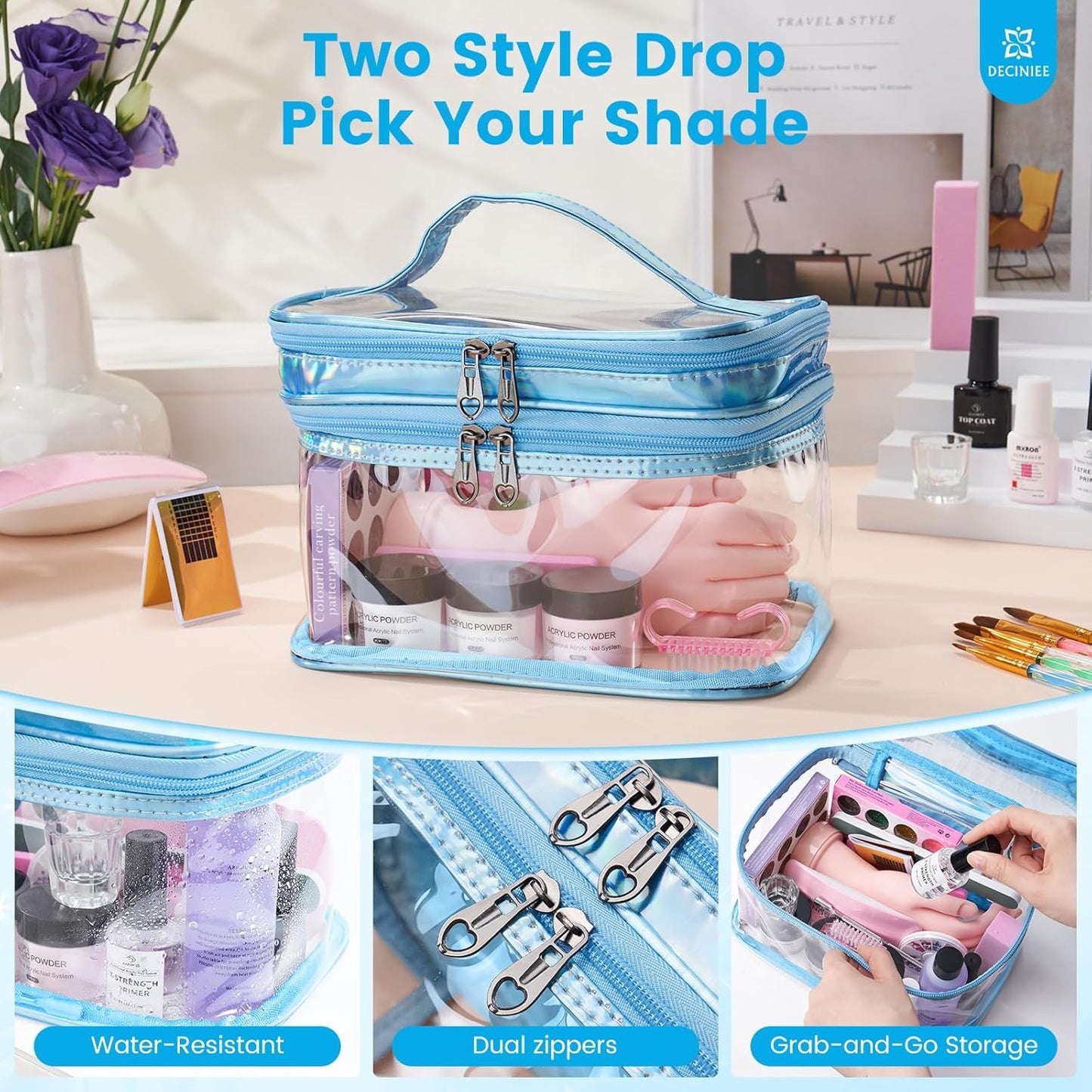 Nail Kit for Beginners with Everything: Professional Nail Acrylic Powder Liquid Set with Practice Hand Drill U V Light in Cosmetic Bag for Women Salon Home(Blue)