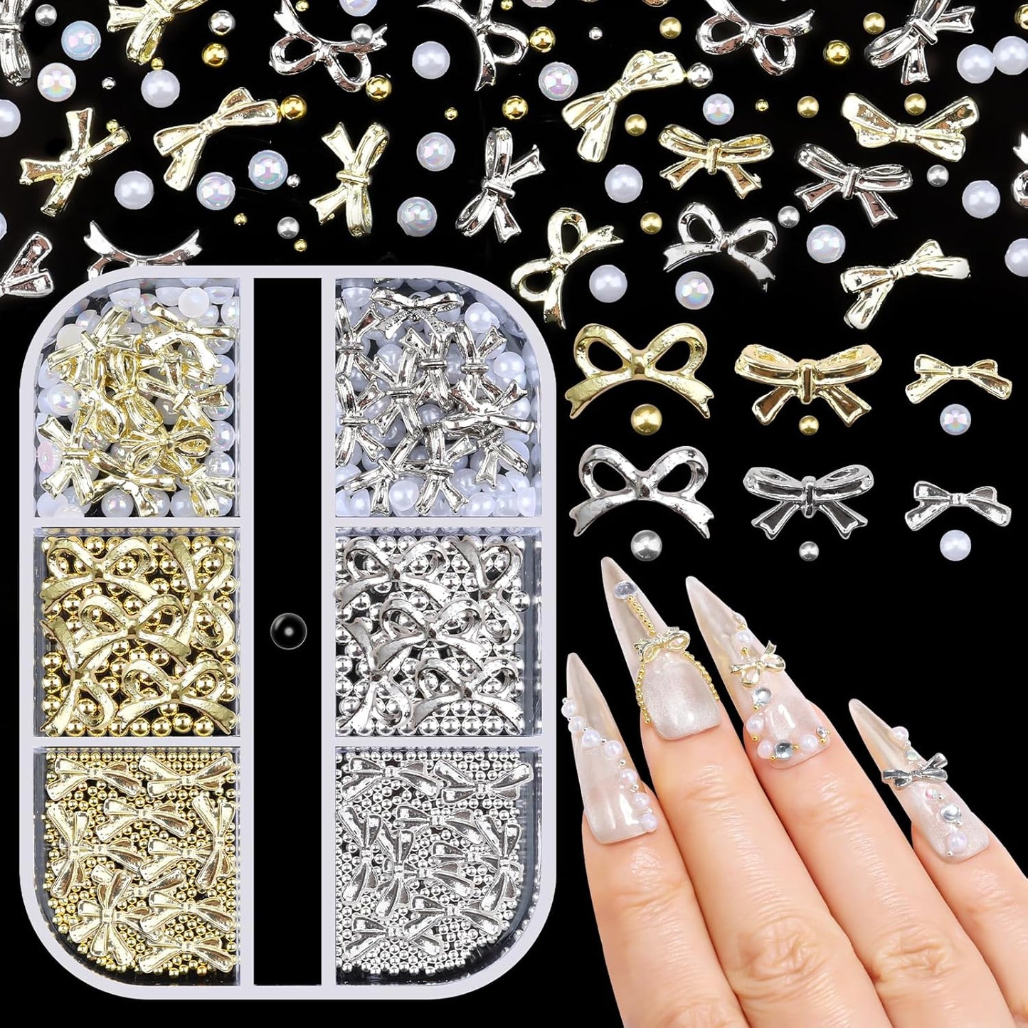 3D Metal Bowknot & AB Pearl and Mini Beads Nail Art Kit - Gold/Silver Alloy Bowknot, 1-2mm Stainless Steel Caviar Beads, 3mm Half Pearls for Professional Salon & DIY Manicure Jewelry Designs (Set 2)