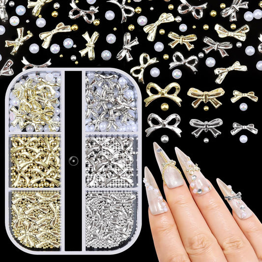 3D Metal Bowknot & AB Pearl and Mini Beads Nail Art Kit - Gold/Silver Alloy Bowknot, 1-2mm Stainless Steel Caviar Beads, 3mm Half Pearls for Professional Salon & DIY Manicure Jewelry Designs (Set 2)