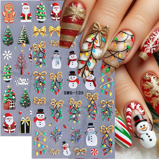 2 Sheets 5D Embossed Christmas Nail Stickers for Nail Art Self-Adhesive Santa Claus Nail Decals Winter Snowman Snowflake Nail Art Stickers Xmas Bow Light Strips Christmas Tree Nail Design for Women