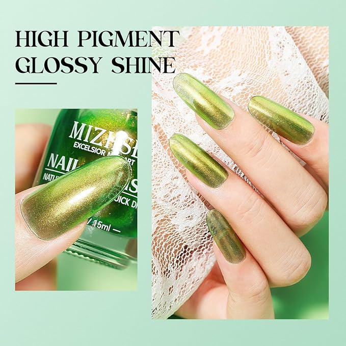 MIZHSE Quick Dry Nail Polish, Holographic Neon Green Nail Polish Air Dry Fast, 15ml/0.5 fl oz Regular Shiny Glitter Oil-based Shimmery Nail Lacquer Non Gel Nail Art Salon Manicure Home DIY