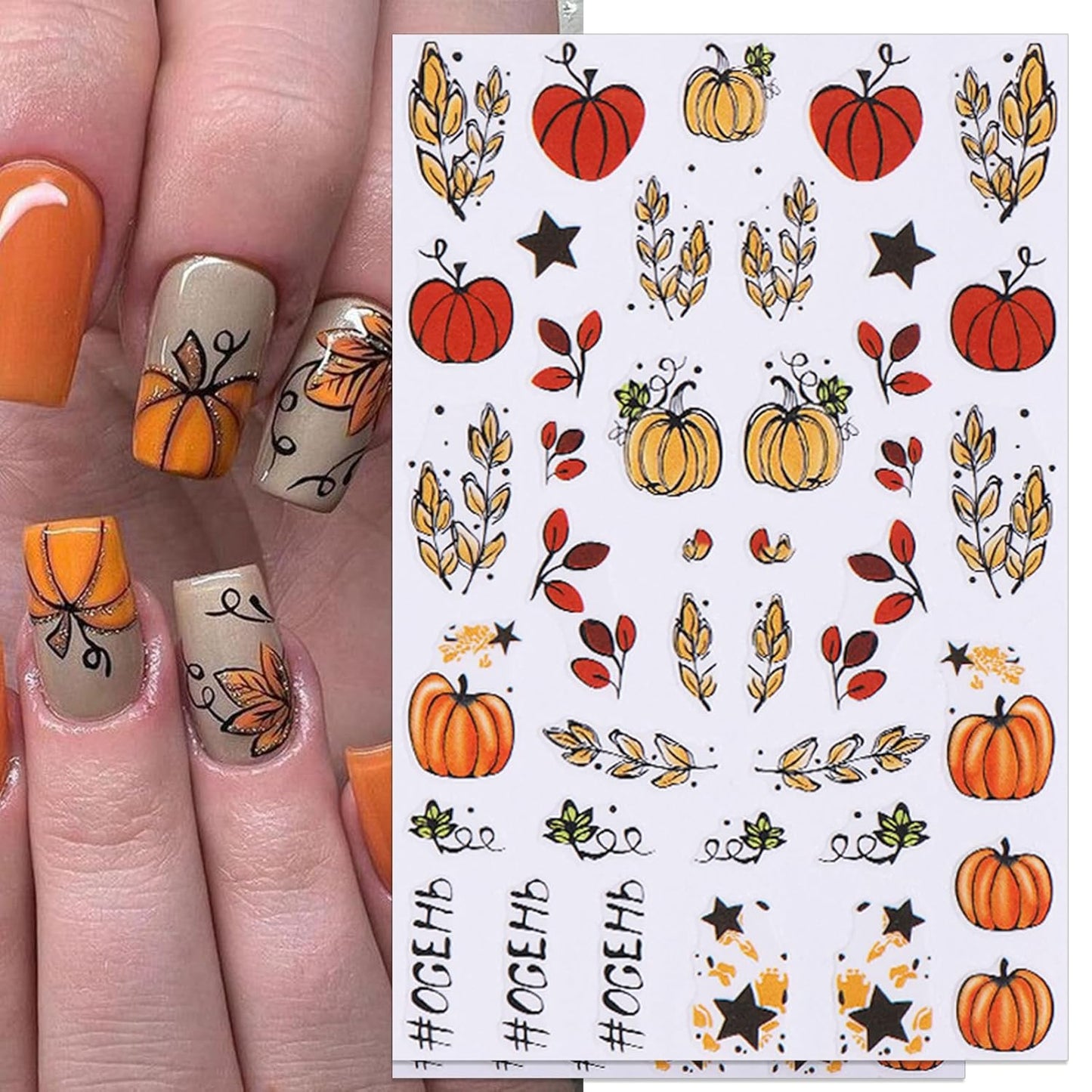 8 Sheets Fall Nail Stickers - Autumn Pumpkin Leaf Floral Self-Adhesive 3D Nail Decals for Women Girls DIY Thanksgiving Day Manicure