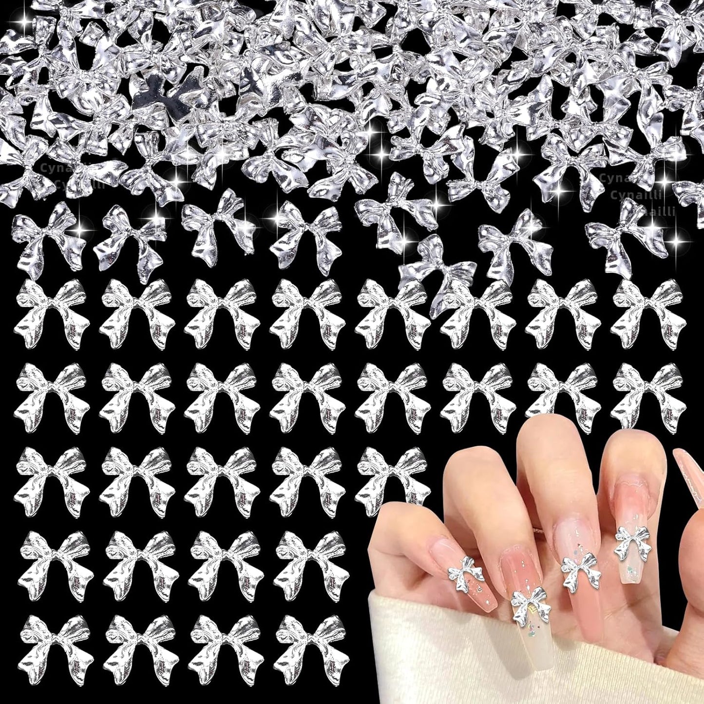 80 Pcs Sliver Bow Nail Gems Charms, 3D Bowknot Nail Charms for Alloy Nails, Cute Bow Tie Nail Jewelry Charms, Shiny Luxury Metal Nail Bow Charms for Nail Art Design Accessories
