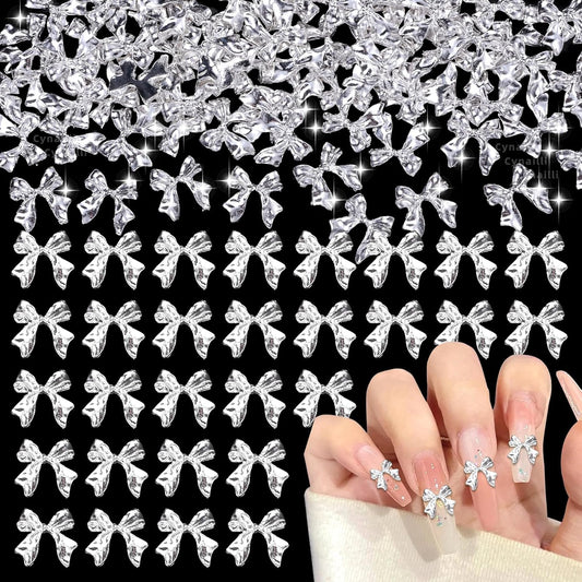 80 Pcs Sliver Bow Nail Gems Charms, 3D Bowknot Nail Charms for Alloy Nails, Cute Bow Tie Nail Jewelry Charms, Shiny Luxury Metal Nail Bow Charms for Nail Art Design Accessories