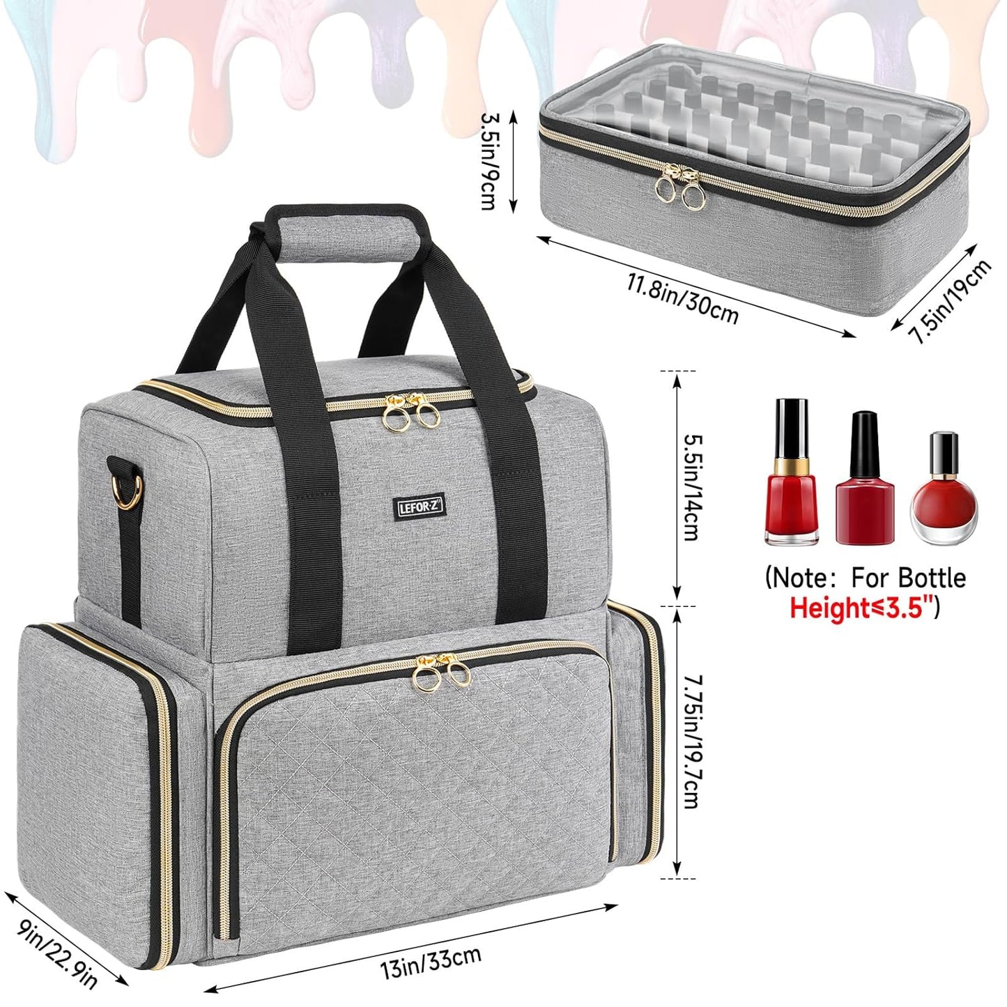 Nail Polish Organizer Holds 80 Bottles and a Lamp,Nail Polish Carrying Case with 2 Removable Bags,Nail Organizers and Storage for Nail Tech,Portable Nail Polish Holder for Nail Supplies,Grey