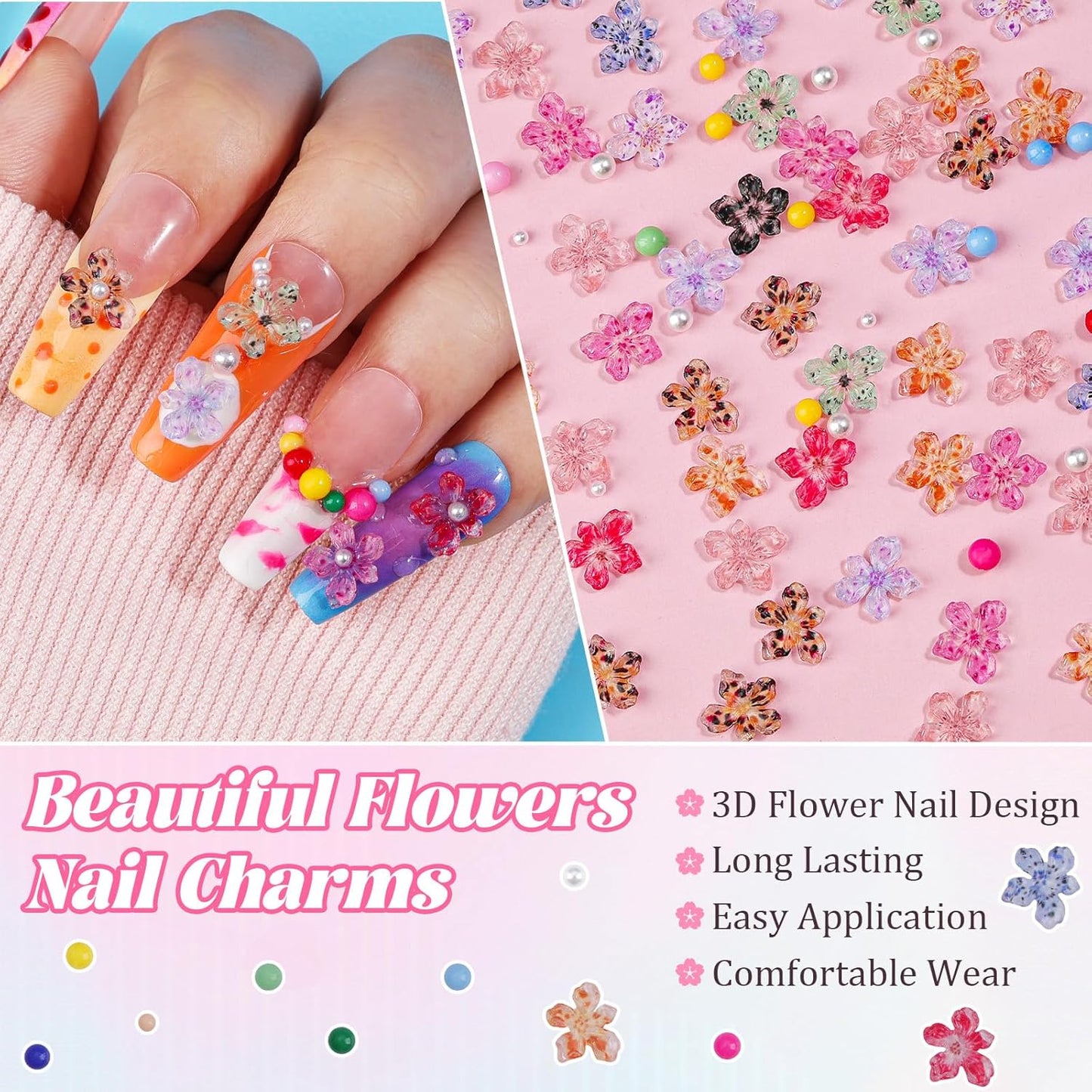 300Pcs Flower Nail Charms Kit, 100Pcs 3D Jelly Mini Hawaii Flowers Charms and 100Pcs Nail Pearls with 100Pcs Macaron Beads, Colorful Hibiscus Floral Tiny Gems Round Beads for Nails Design