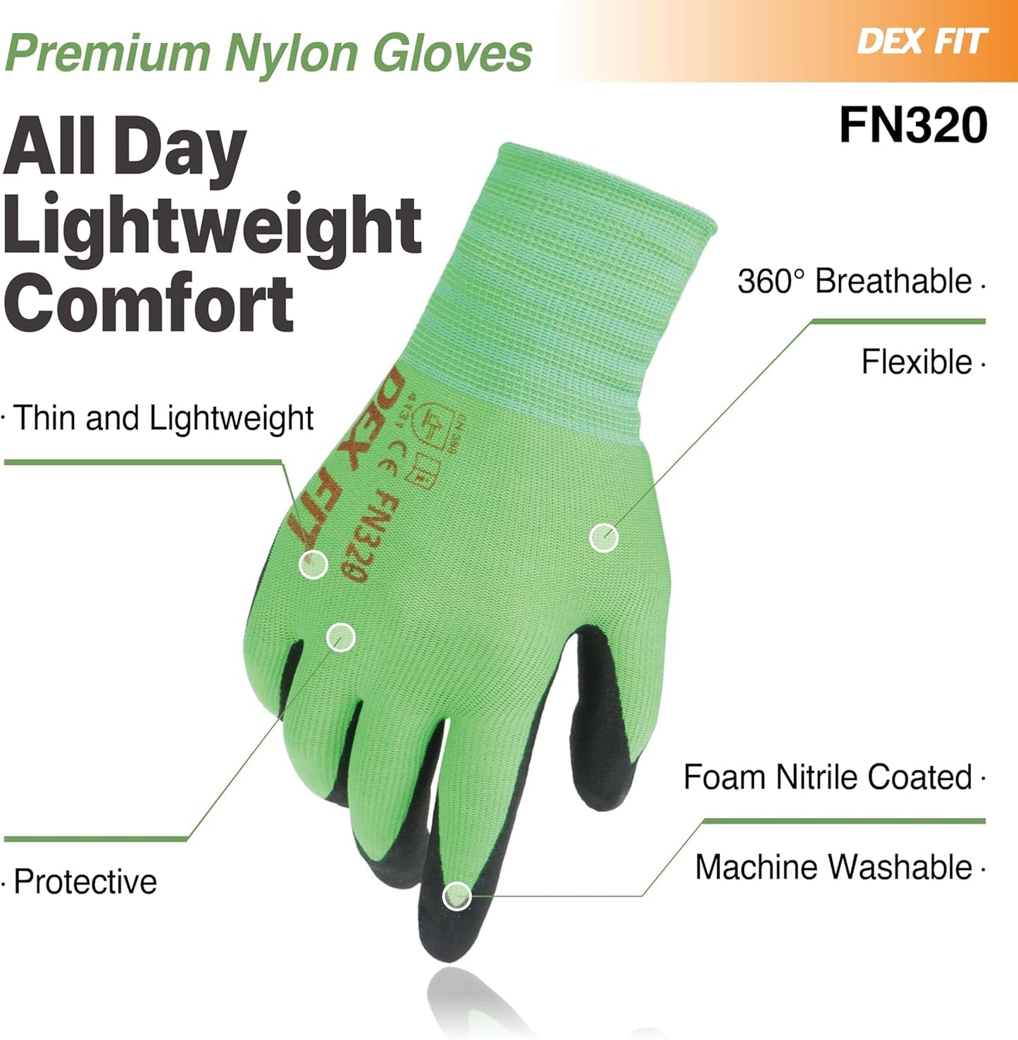 DEX FIT Premium Nylon Nitrile Work Gloves FN320, 3 Pairs, 3D-Comfort Stretchy Fit, Firm Grip, Thin & Lightweight, Durable, Breathable & Cool, Machine Washable; Green 8 (M)