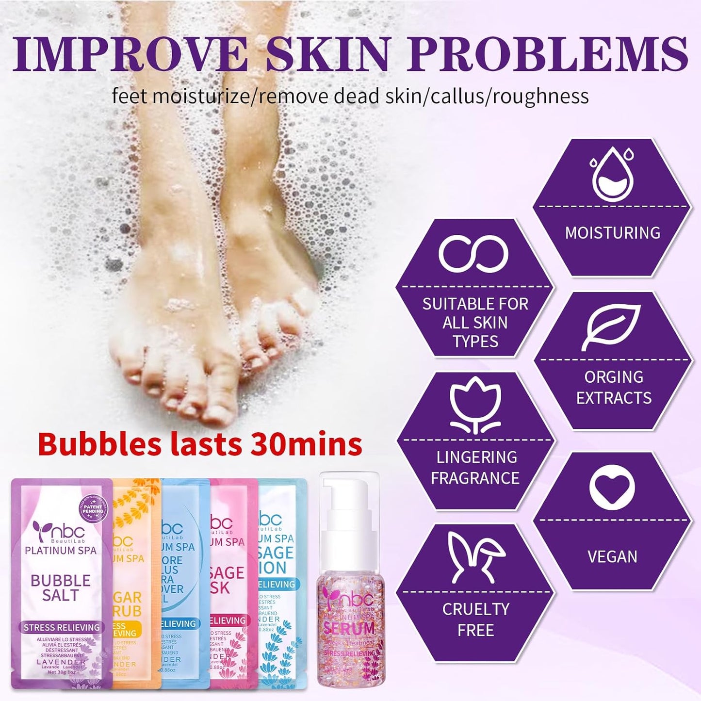 Pedicure Kit Foot Soak Set: Bubble Salt, Sugar Scrub, Massage Mask, Massage Lotion in a Box, 4 Step Foot Spa Kit for Dry Feet,Tired Feet(Lavender)