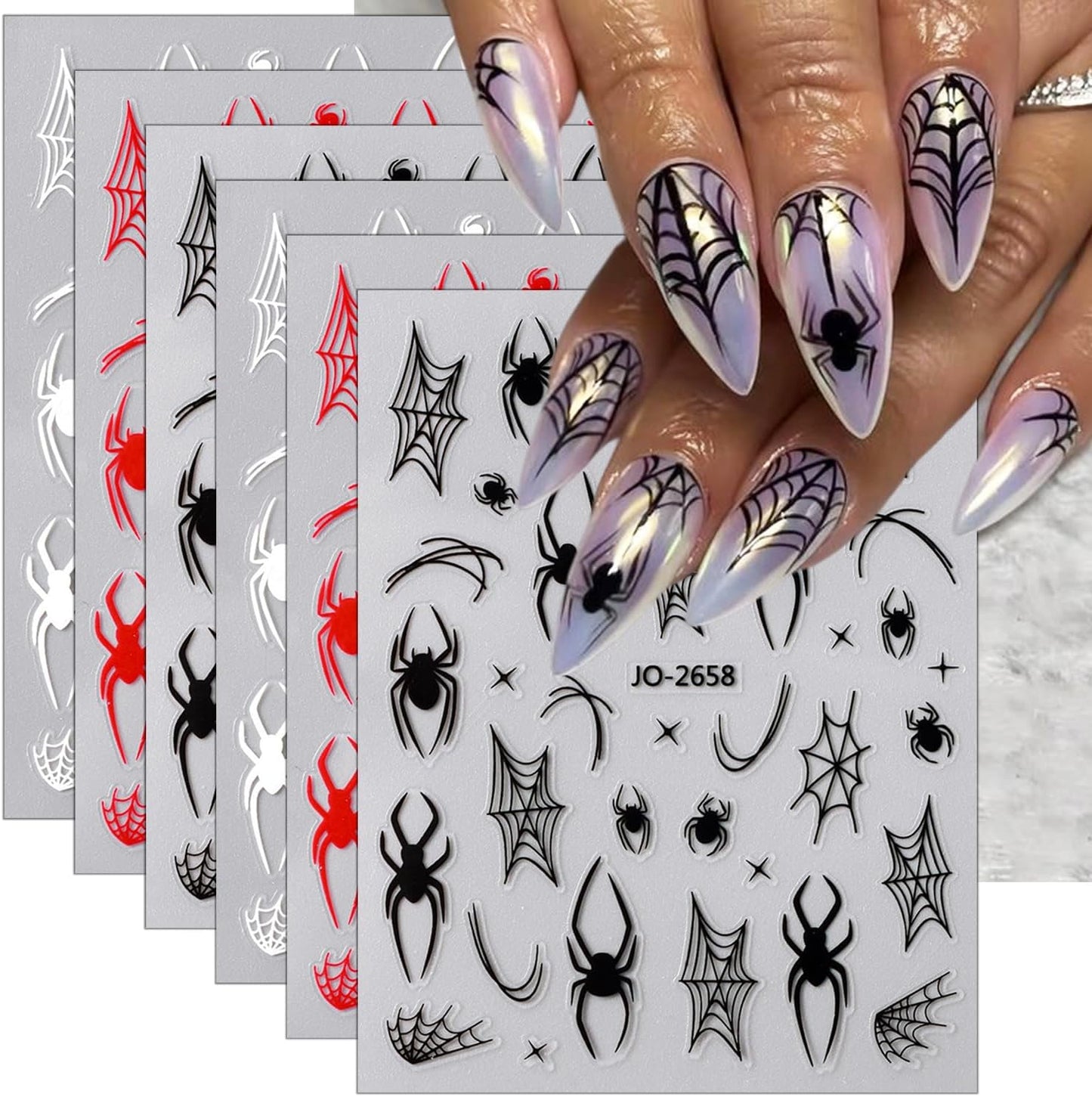 6 Sheets Halloween Spider Nail Stickers White Red Black Spider Web Nail Art Stickers 3D Self-Adhesive Horror Spiders Nail Decoration Scary Halloween Nail Decals for Women Girls Nail Art Designs