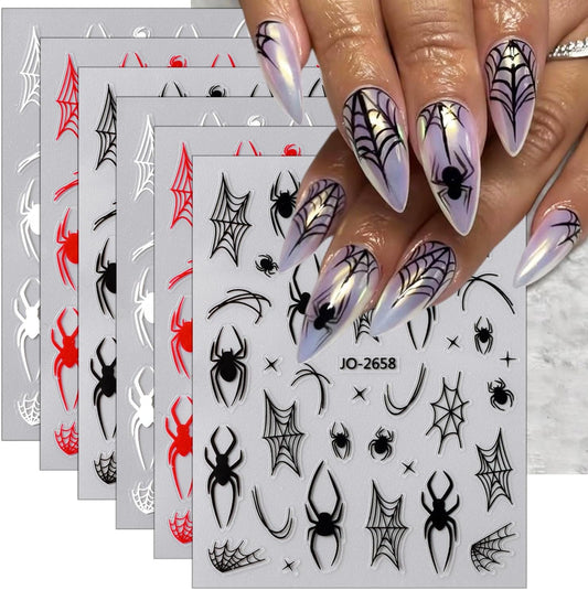 6 Sheets Halloween Spider Nail Stickers White Red Black Spider Web Nail Art Stickers 3D Self-Adhesive Horror Spiders Nail Decoration Scary Halloween Nail Decals for Women Girls Nail Art Designs