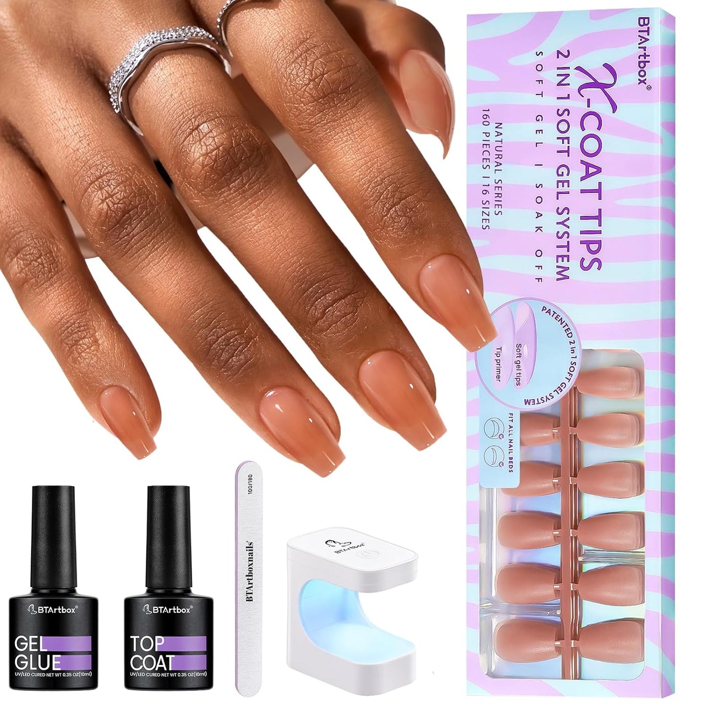 BTArtbox XCOATTIPS Gel Nail Kit - Short Coffin Press on Nails with Gel Glue, Top Coat, Nail Lamp, Pre-colored Short Nail Tips Brown Fake Nails for Daily Nail Art