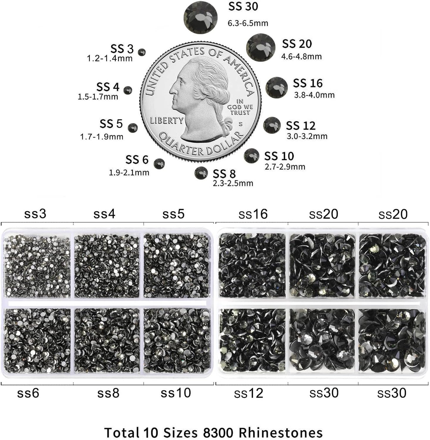 Beadsland 8300PCS Flatback Rhinestones, Gray Rhinestone Round Crystal Rhinestones for Crafts, Mixed 10 Sizes with Wax Pencil and Tweezer Kit, SS3-SS30, Black Diamond