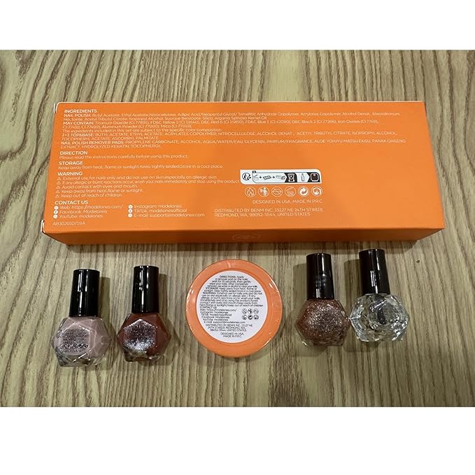 Modelones Nail Polish Set with 42 Pcs Remover Pads and Base Top Coat, 3 Colors Brown Glitter Mini Nail Polish Kit Fingernail Polish Bulk Manicure Diy Nail Art Salon Home