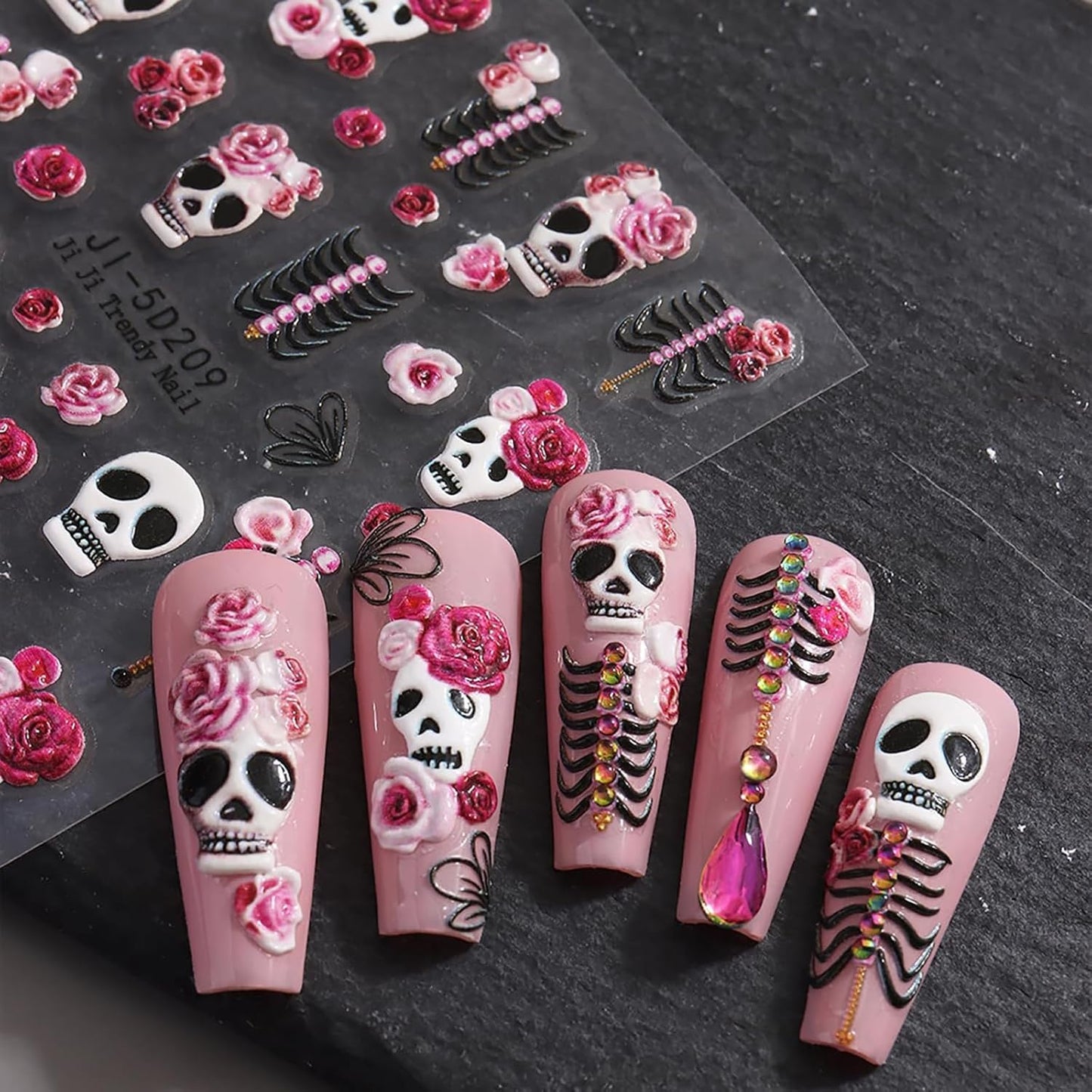 Skull Nail Art Stickers Halloween Pink Red Rose Skeleton Hand Bone Nail Decals 5D Embossed Self-Adhesive Nail Art Supplies White Skull Nail Design Manicure Sliders for Women Nail Decorations 2PCS