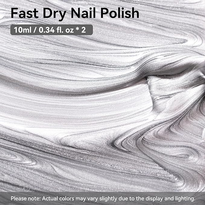 Metallic Silver Nail Polish with Base Top Coat, 3 IN 1 Nail Strengthener Quick Dry Clear Nail Polish Duo, Opaque, Non-Gel, Vegan, Liquid Silver Glossy Chrome Nails Art Gift for Women Girls