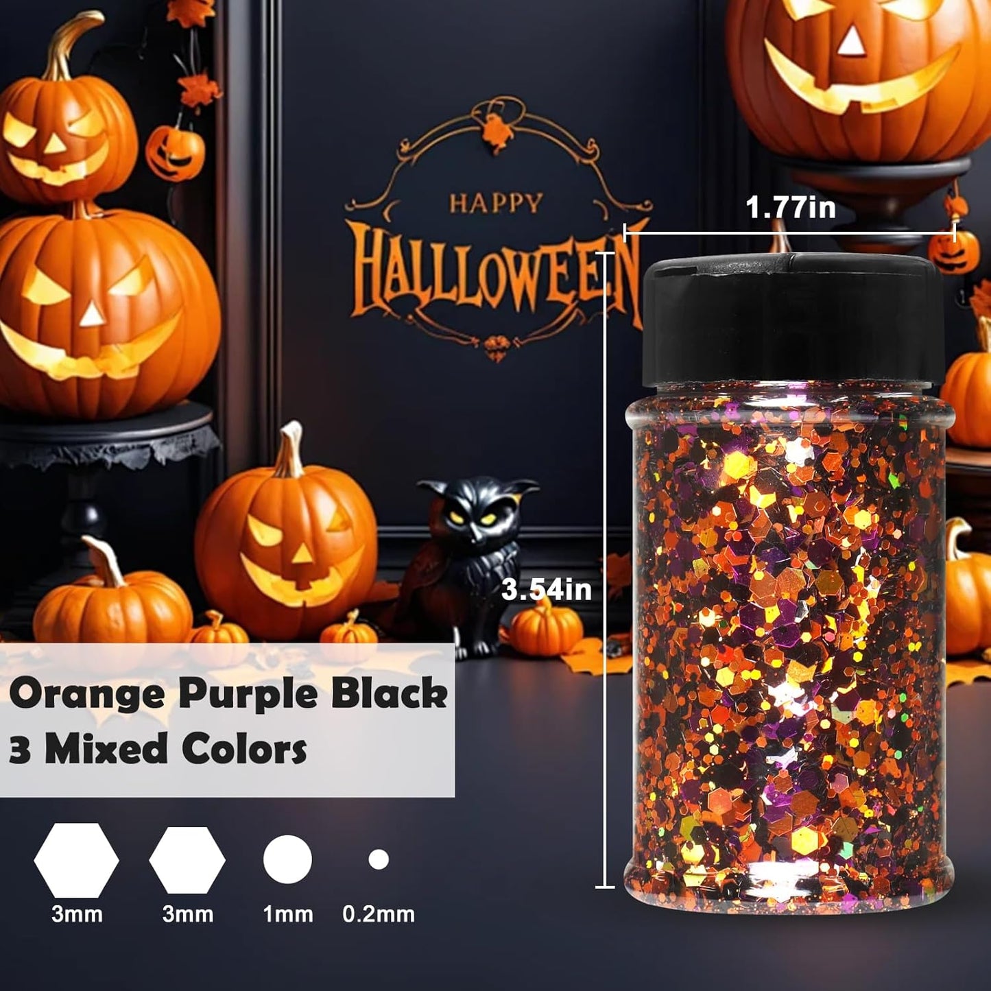 Renfio Orange Purple Black Chunky Glitter,Mixed Holographic Glitter for Helloween,1.76oz/50g Iridescent Hexagon Sequin for Snowglobe Tumbler,Resin,Craft,Nail,Face,Hair,Festival Decor,Ornament