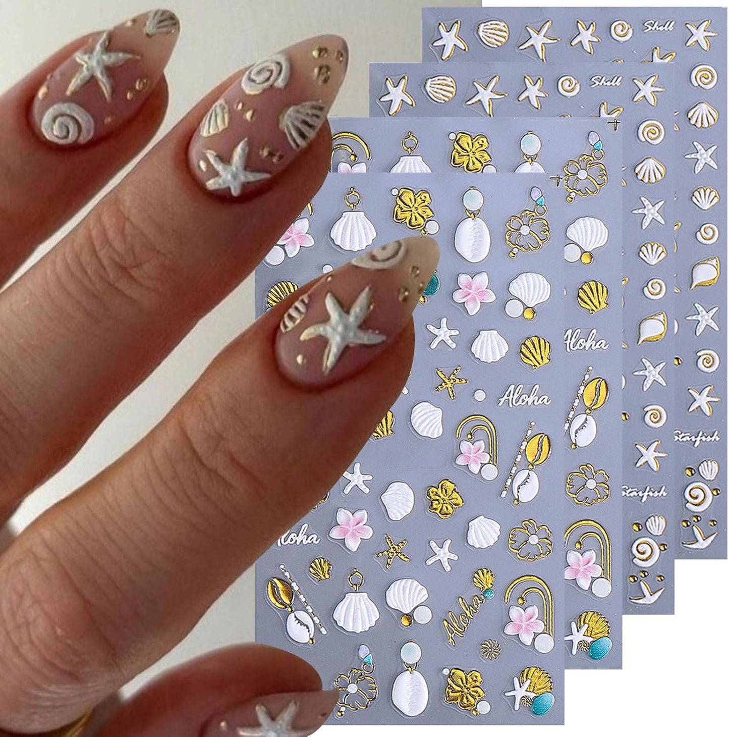 5D Embossed Beach Nail Art Stickers, 4 Pack, White Gold Shell Starfish Design, Self-Adhesive Ocean Theme Decals for Summer Manicure Decoration