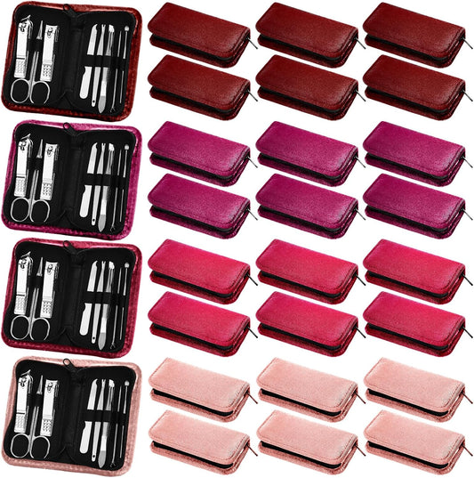 Coume 24 Sets Manicure Set Bulk Rad Tech 8 in 1 Nail Clippers Kit Luxurious Travel Case Stainless Steel Nails Care Tool Office Gift for Coworker Nurse Practitioner Week Christmas(Red Series)