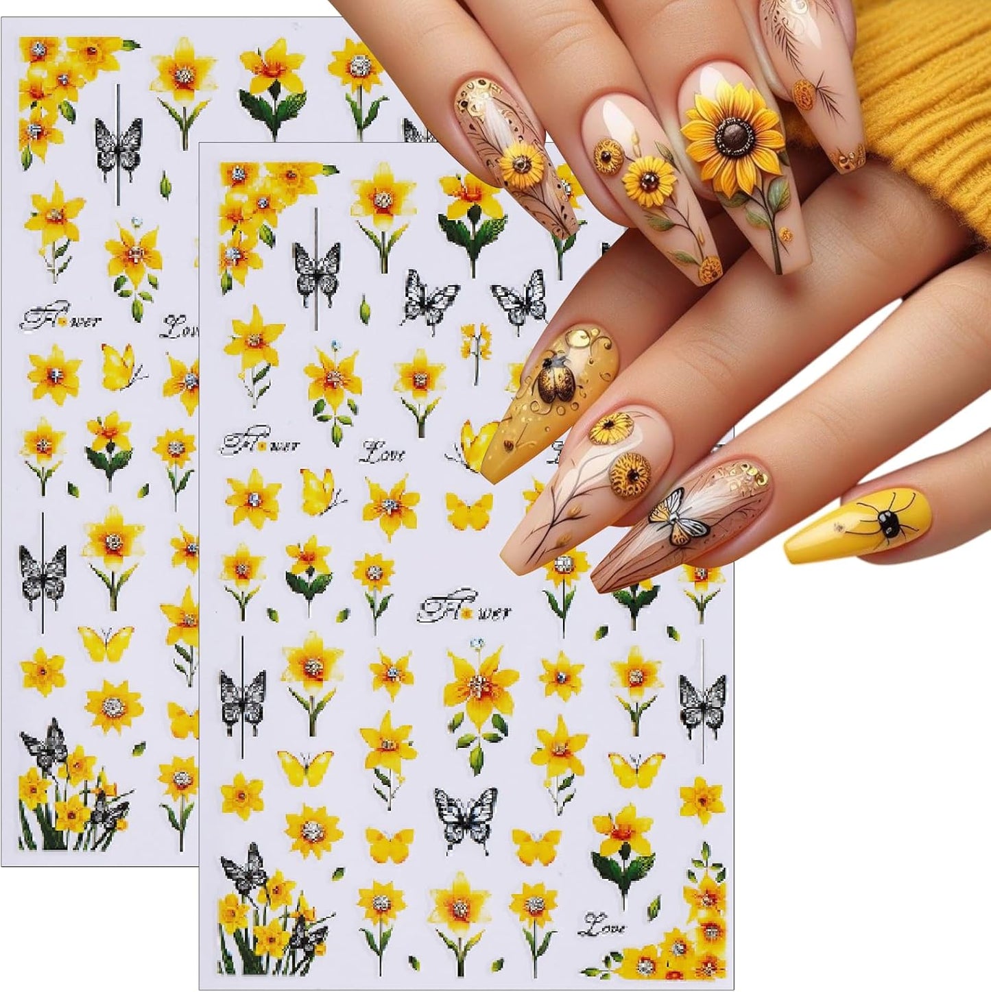 8 Sheets Multi Styles Sunflower Nail Art Stickers Summer Floral Self-Adhesive Yellow Orange Sun Flowers Butterfly Bees Decals Nail Sticker for Women Girls Manicure Tips Decoration
