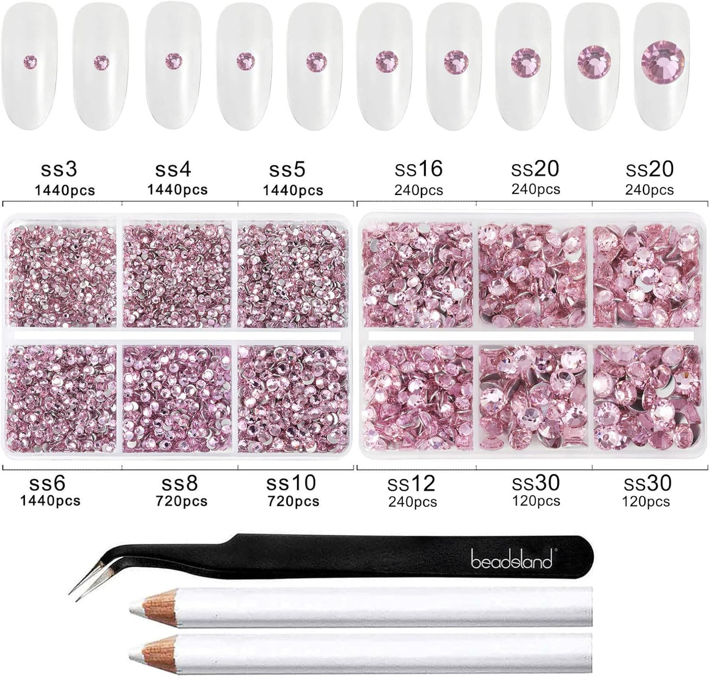 Beadsland 8300PCS Flatback Rhinestones, Pink Rhinestone Round Crystal Rhinestones for Crafts, Mixed 10 Sizes with Wax Pencil and Tweezer Kit, SS3-SS30, Light Rose/Light Pink