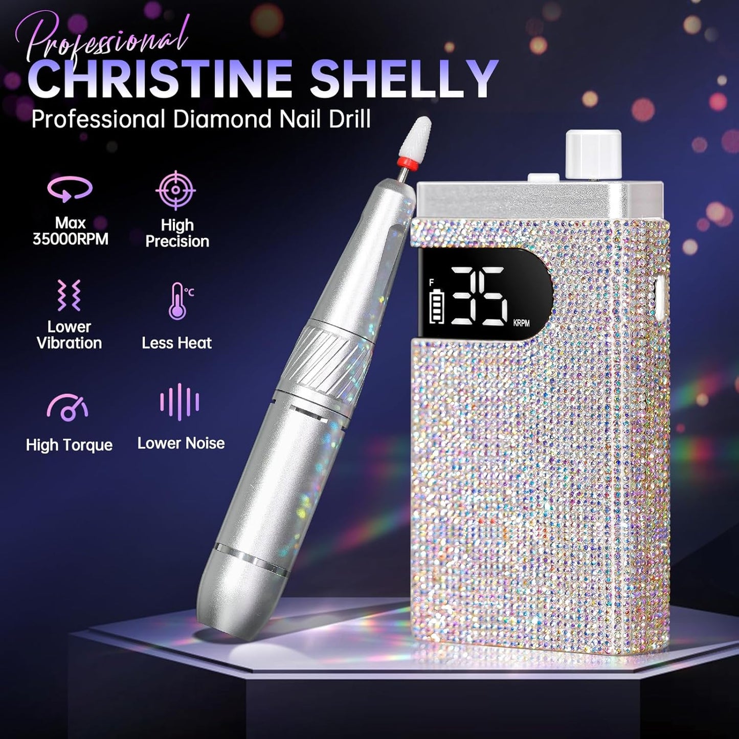 Rechargeable 35000RPM Nail Drill Sparkling Portable Professional Electric Nail File with 12 Drill Bit for Acrylic/Gel Nails Professional Nail Tools for Manicure Pedicure, Glitter