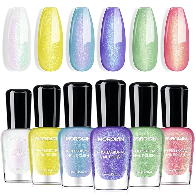 Morovan Pearl Nail Polish Set: Ombre Shimmer Glitter Sparkle Aurora Iridescent Blue Purple Yellow Green Mermaid Quick Dry Fingernail Polish Kit 2025 Nail Art Design Gift for Women Girls
