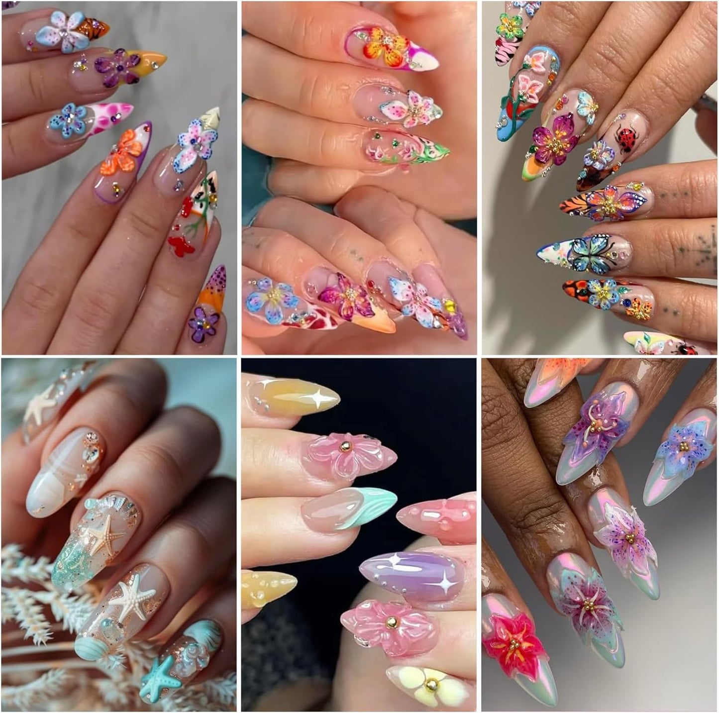 Flower Stickers for Nails Art 6 PCS 5D Hibiscus Nail Decals with 3pcs Tweezers Manicure Tools Colorful Lily Flowers Designs Self-Adhesive Hawaiian Floral Engraved Nail Art Decoration for Women Girls