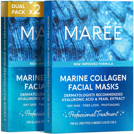 MAREE Collagen Facial Mask with Hyaluronic Acid — Sheet Face Mask Skincare — Centella Asiatica, Green & Red Algae Extract — Hydrating Facemask For Women Skin Care — Mascarillas Para La Cara — 12 Count
