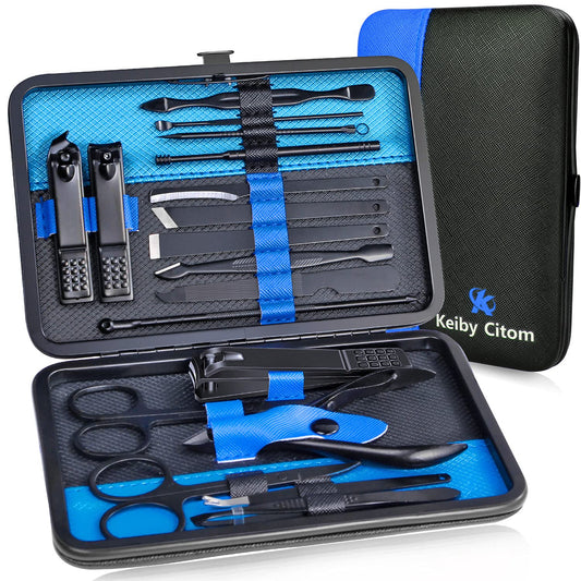 Professional Stainless Steel Nail Clipper Travel & Grooming Kit Nail Tools Manicure & Pedicure Set of 18pcs with Luxurious Case (Black/Blue)