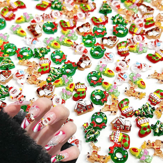 50Pcs Christmas Resin Nail Art Charms 3D Mixed Xmas Tree Santa Claus Nail Charms Cartoon Elk Bells Snowman Sock Candle House Nail Art Rhinestones Small Cartoon Nail Jewelry DIY Nail Decor