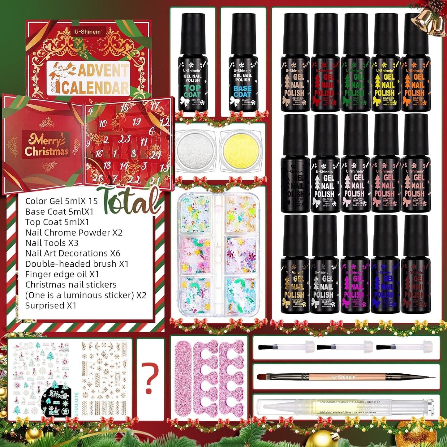 Nail Polish Advent Calendar 2025，24-Piece Nail Varnish Advent Calendar Christmas Calendar for Women and Girls, Nail Polish Colours Kit, Nail Art Tool Glitter Decorations Care and Accessories
