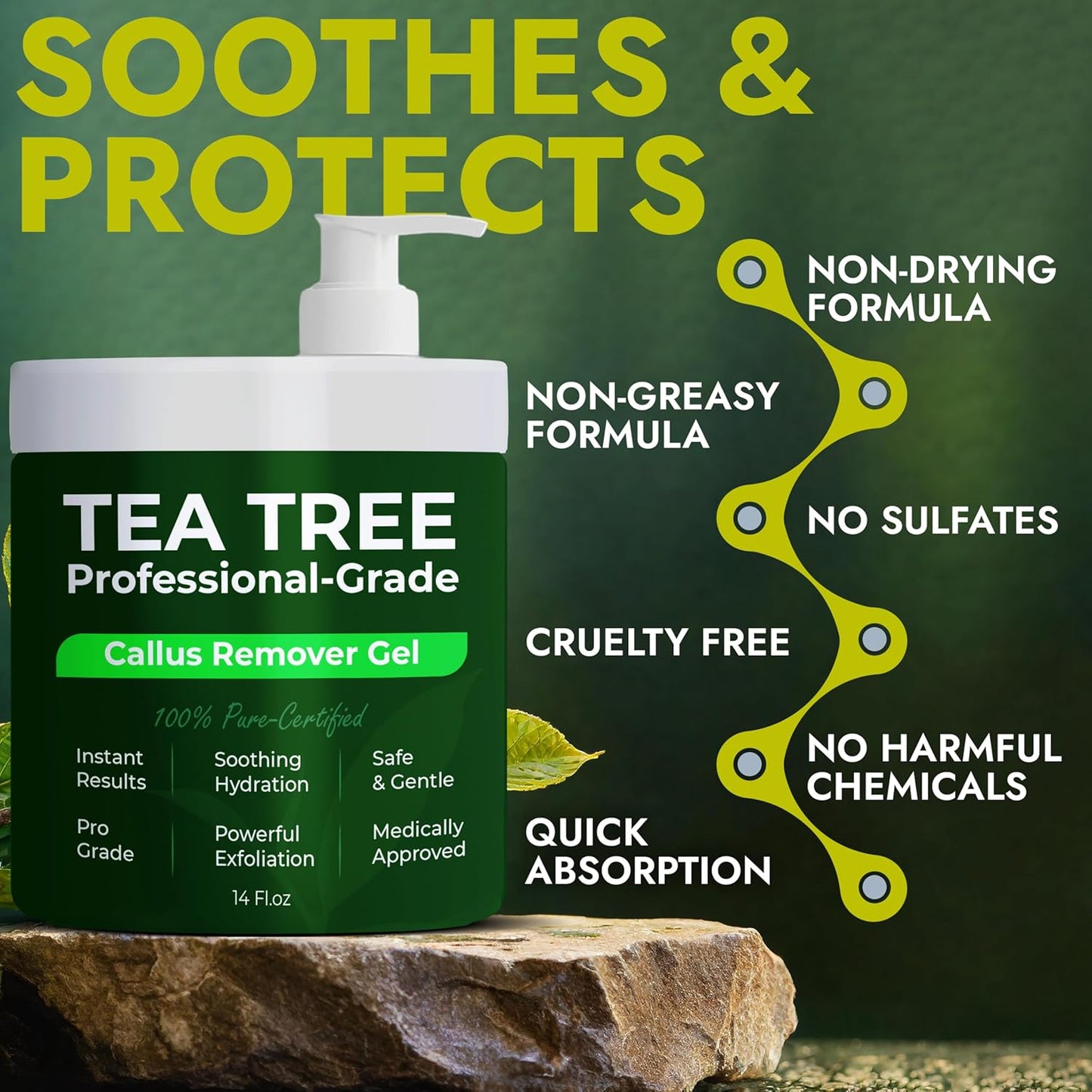 14 Oz Callus Remover Gel+ 3 Free Pumice Stones| Callus Remover For Feet | Tea Tree Professional Grade Foot Exfoliant for Cracked Heels & Dry Feet | Instant Results & Soothing Hydration