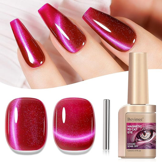 Cat Eye Gel Polish - Holographic Magnetic Nail Polish With Magnet, Jelly Hot Pink/Red Color Translucent UV Gel Crystal Manicure Salon DIY At Home, 12ml