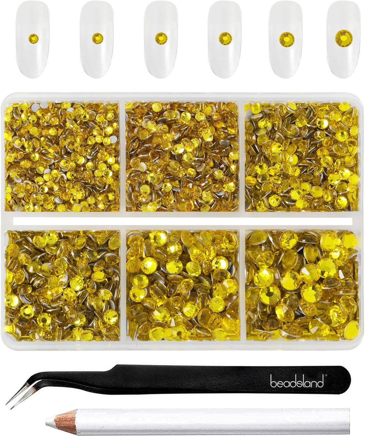 Beadsland 4300pcs Flatback Yellow Nail Gems Round Crystal Rhinestones for Crafts, Mixed 6 Sizes with Picking Tweezers and Wax Pencil Kit, SS6-SS20, Citrine/Lemon Yellow