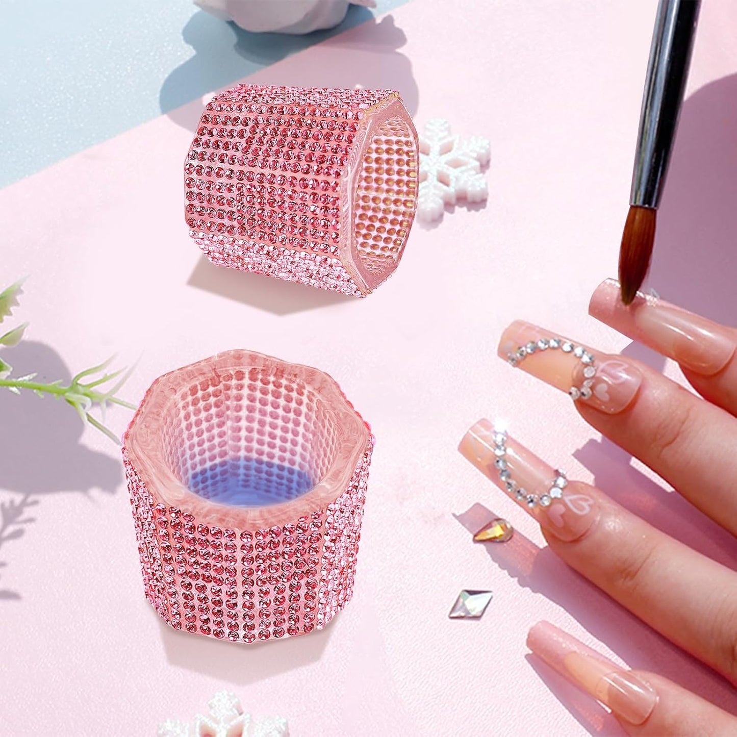 Glass Dappen Dish for Acrylic Nails, Crystal Glitter Acrylic Liquid Powder Glass Cup Nail Liquid Glassware Bowl, Octagon (YSHJB020-2pcs-Pink)