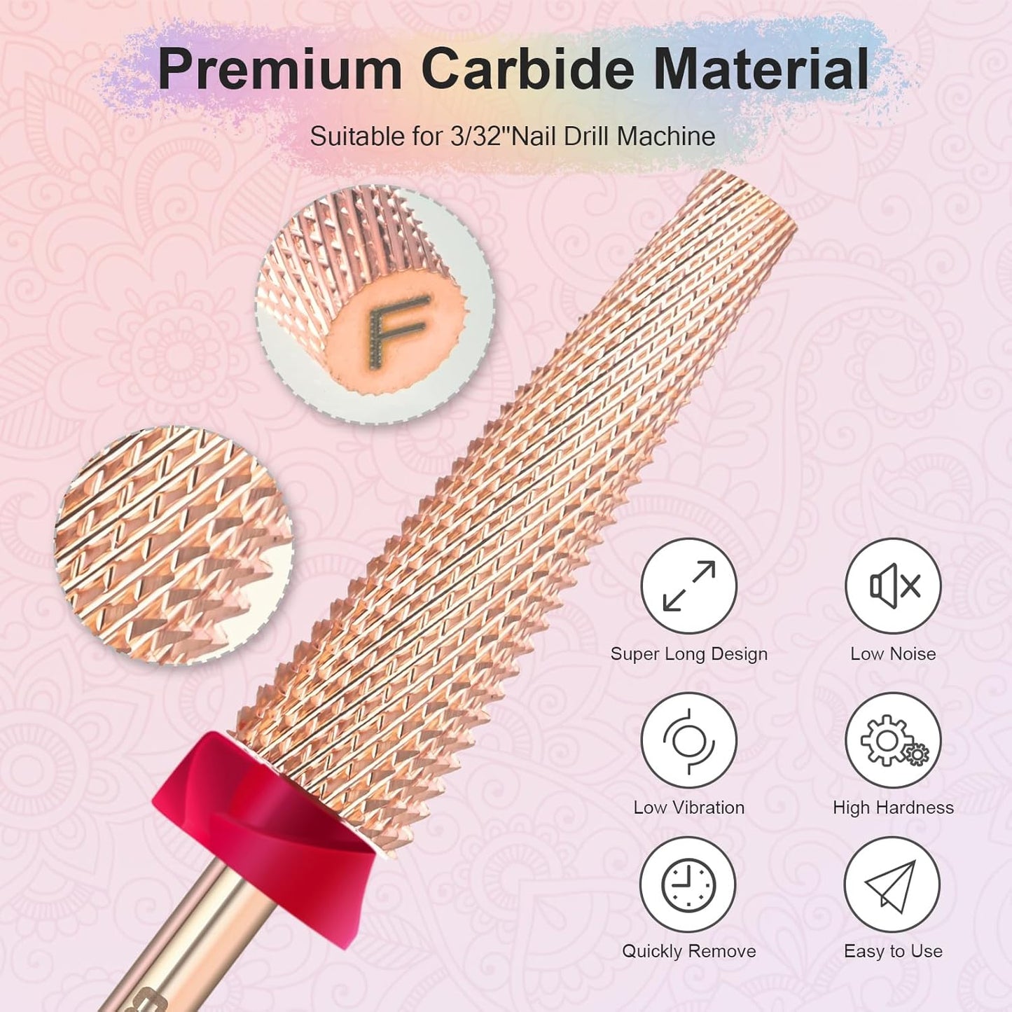 Depvko Super Long 5 in 1 Nail Drill Bits, 3/32'' Carbide Tungsten Bits, Two Way Rotate Professional Advanced Safety Bits for Nail, Fast Remove for Manicure Pedicure (Long 5in1-Rose Gold, Fine-F)