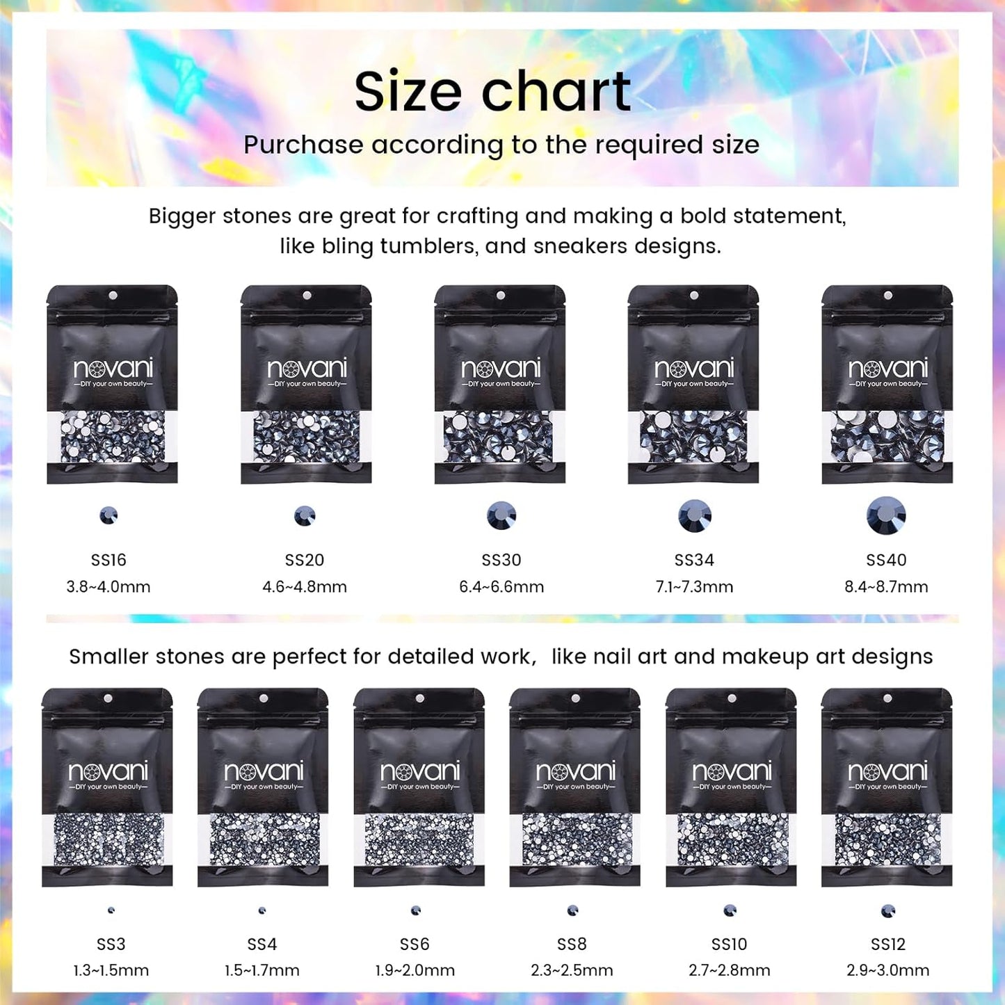 Novani Rhinestones Flatback Rhinestones Glass Nail Gems Stones Jewels Round Gemstones Non-Hotfix Crystal,SS8,1440 Pieces,Shiny Black