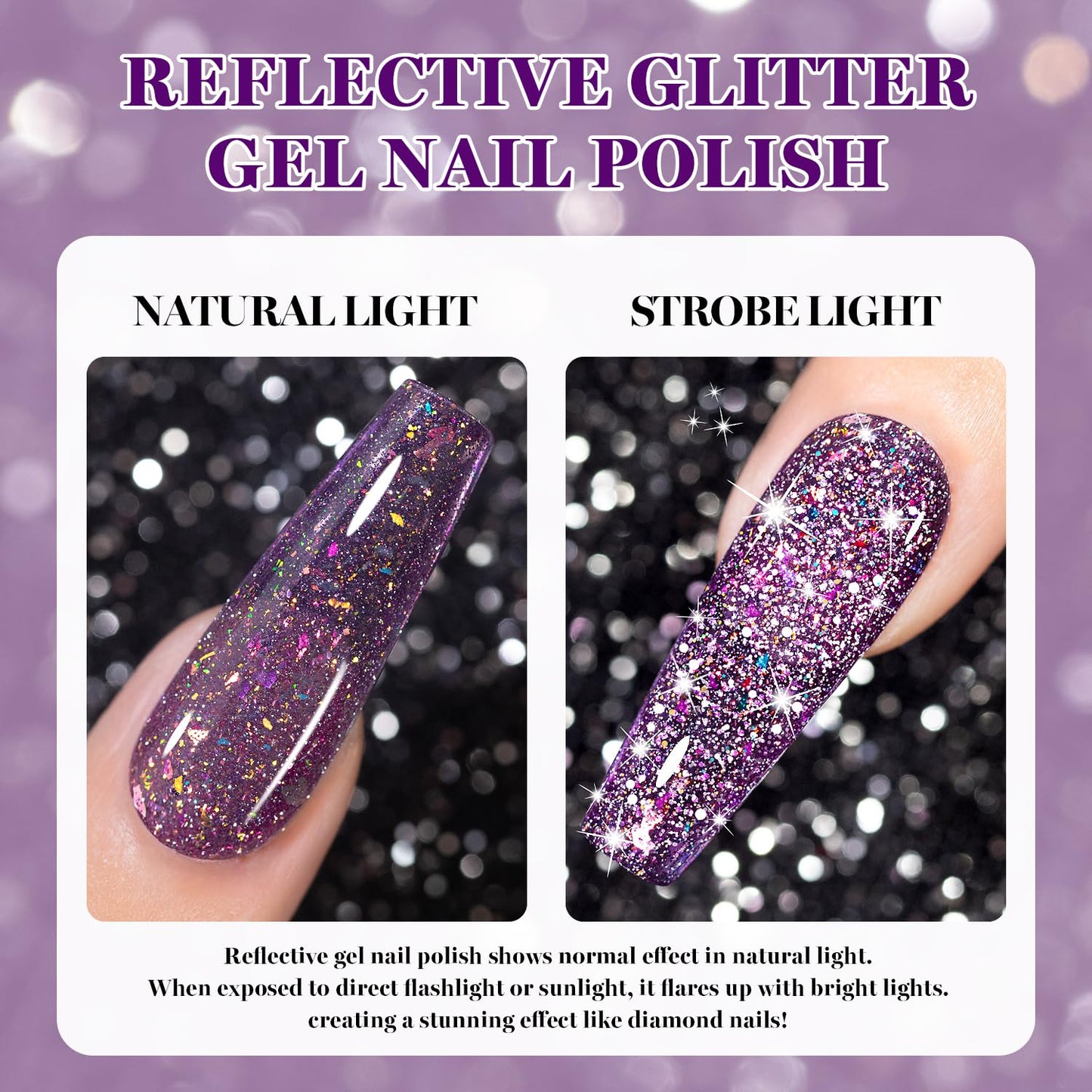 RARJSM Dark Purple Reflective Glitter Gel Nail Polish Holographic Rainbow Iridescent Sparkle Flash Diamond Shimmer LED UV Soak Off Gelpolish Nail Art Manicure Salon DIY at Home 1pcs 7.5ml