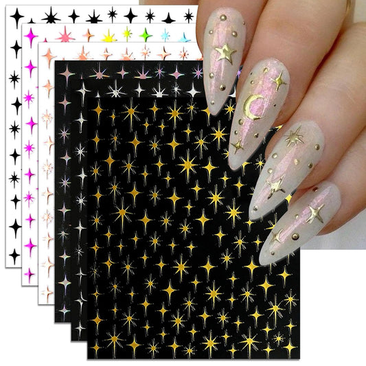 Star Nail Art Stickers - Colorful Shiny Starlight Self-Adhesive Glitter Sparkle Nail Decals for DIY Silver Gold White Black Manicure (6 Sheets)