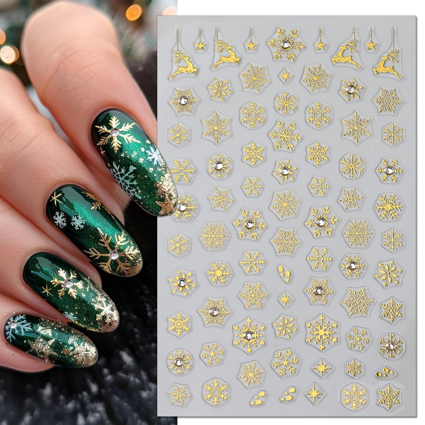 Rhinestone Studded Snowflake Nail Stickers, Christmas Self-Adhesive Crystal Diamond 3D Glitter Nail Art Design for DIY Manicure Winter Xmas DIY Nail Decals Decorations f (4 Sheets)