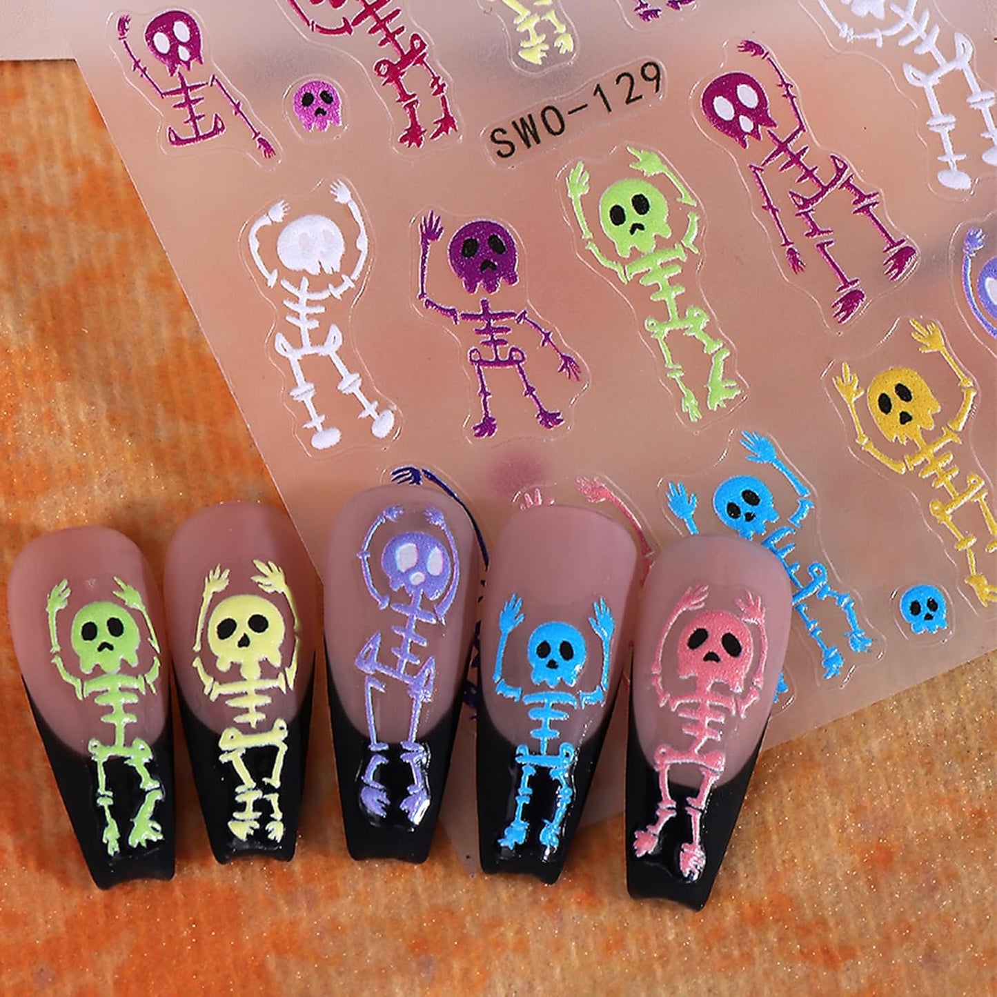 3 Sheets Halloween Skeleton Man Nail Art Stickers 5D Embossed Colorful Skull Nail Decals Funny Skeleton Bone Self-Adhesive Sliders Halloween Nail Art Supplies for Women Acrylic Nail Art Decorations