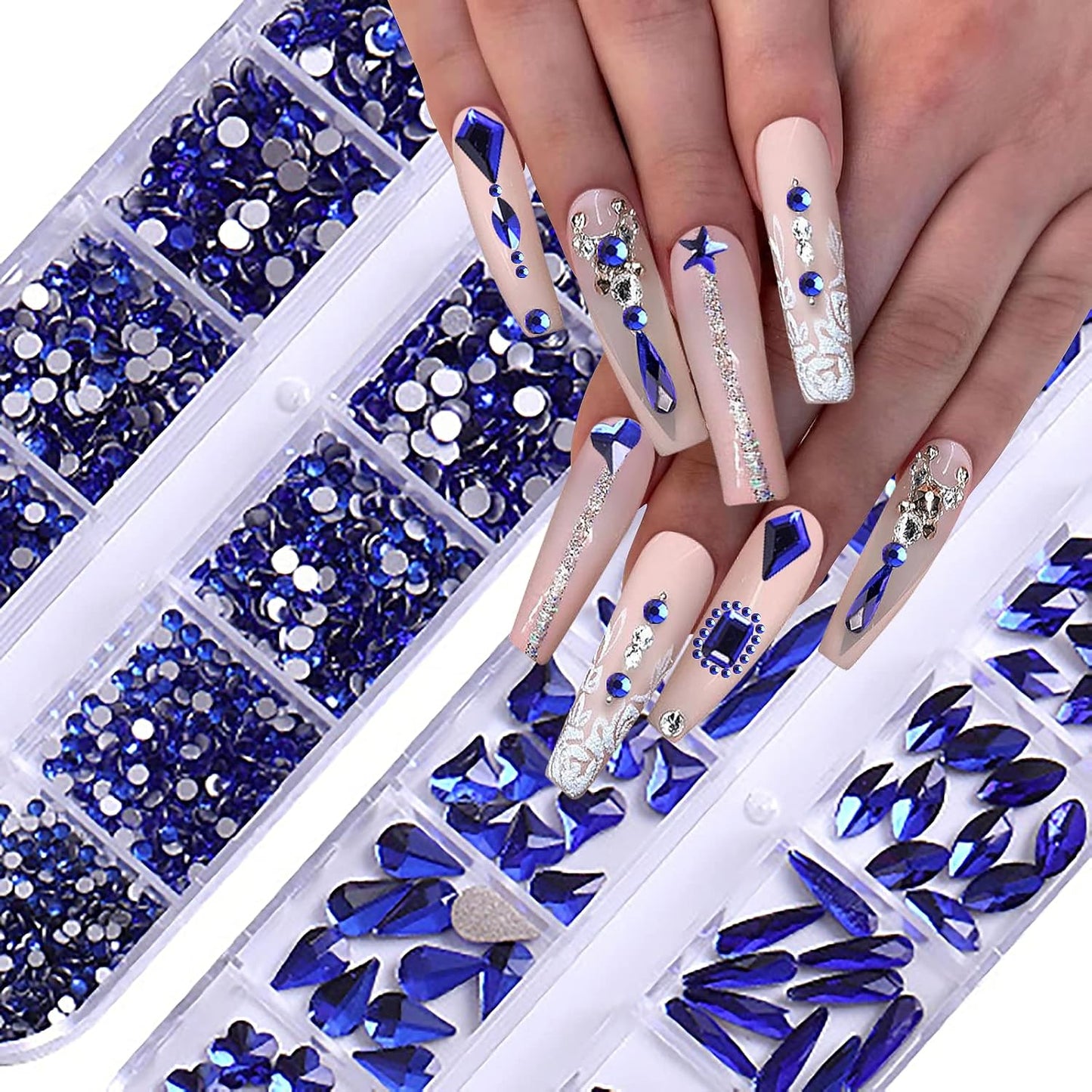 HOINCO Rhinestones, 3120Pcs Sapphire Blue Crystal Glass for Nail Art Craft & DIY, Mix Sizes 12 Shapes with Wax Pen & Tweezers