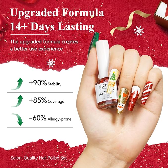 MIZHSE Quick Dry Nail Polish Set with Sticker, 6 Colors Red Green White Gold Sliver Sparkle Polish, Fast Drying Nail Polish Set Winter Manicure Christmas Gift for Women