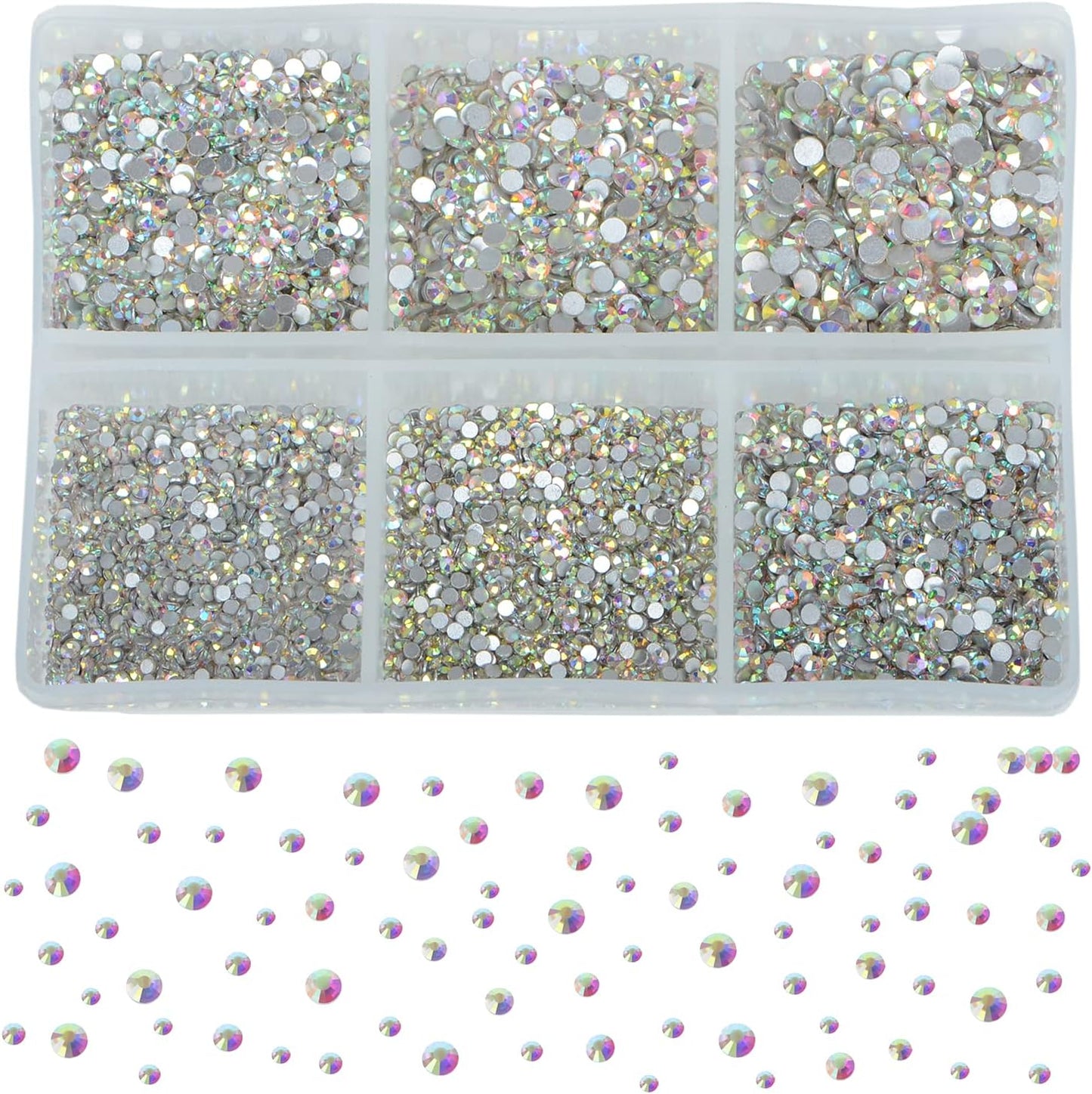 Bymitel 7200 Pieces 6 Mixed Sizes Glue Fix on Glass Rhinestones Round Crystal Gems Flatback for DIY Jewelry Making with one Picking Pen (6-Sizes 7200PCS, Crystal AB)