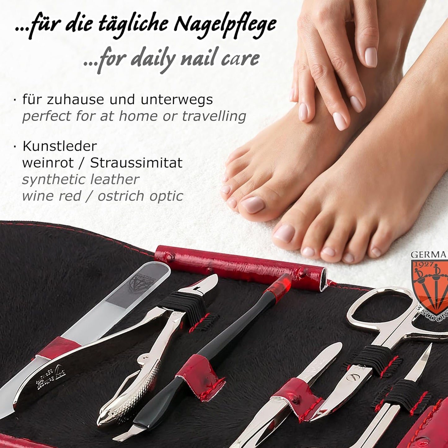 3 Swords Germany - brand quality 7 piece manicure pedicure kit set - nail care tools by 3 Swords - red ostrich optic
