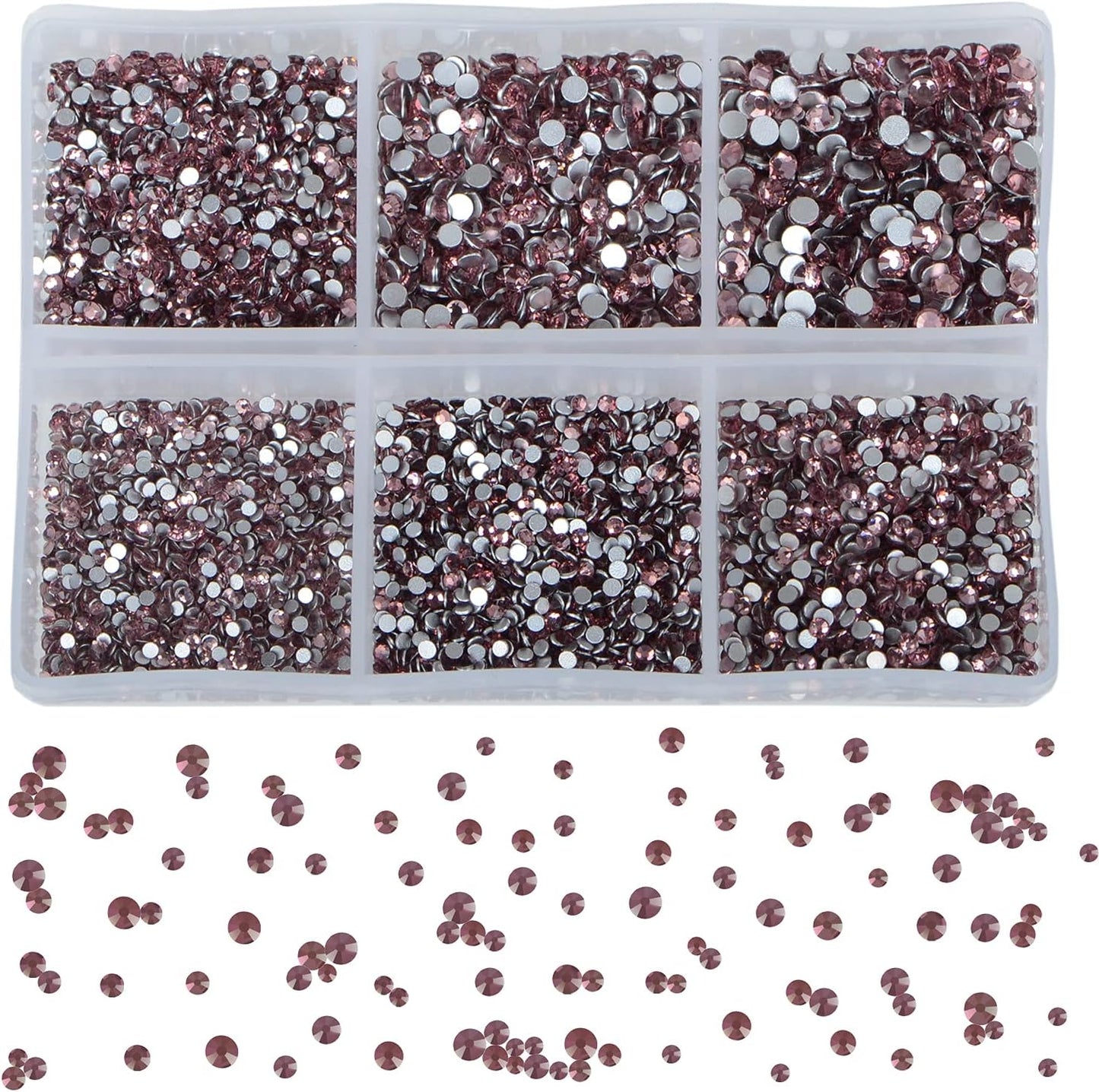 Bymitel 7200 Pieces 6 Mixed Sizes Glue Fix on Glass Rhinestones Round Crystal Gems Flatback for DIY Jewelry Making with one Picking Pen(6-Sizes 7200PCS, Lt. Amethyst)