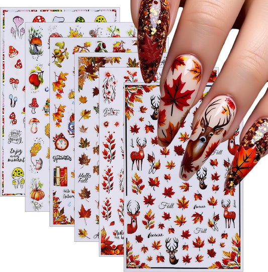 Fall Maple Leaf Nail Art Stickers Autumn Leaves Mushroom Deer Design Self-Adhesive Nail Sticker Fox Pumpkin Wheat Ears Nail Decals for Nails Women Girls Thanksgiving Day DIY Manicure Decor 6 Sheets